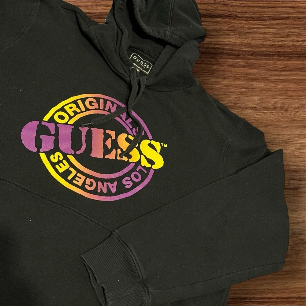 Men's Guess Los Angeles Pullover‎ Sweatshirt Hoodie Yellow Purple Black XL - Picture 2 of 4